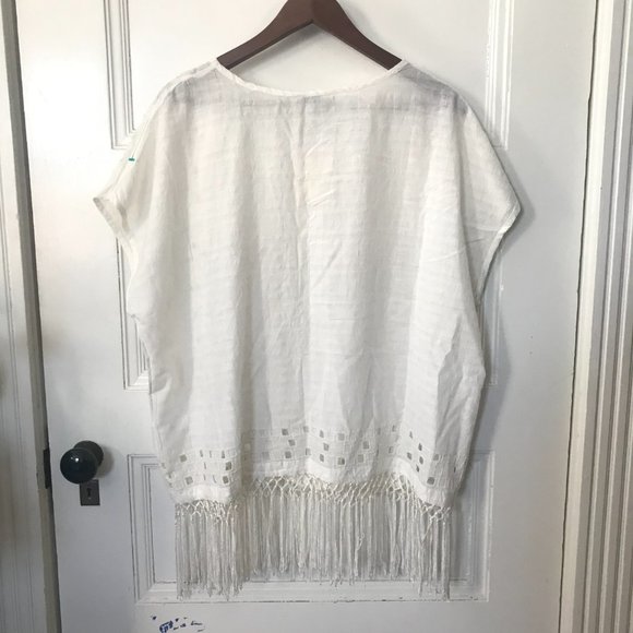Lucky Brand Ivory Cotton Blend Eyelet Fringed Top - Picture 6 of 8